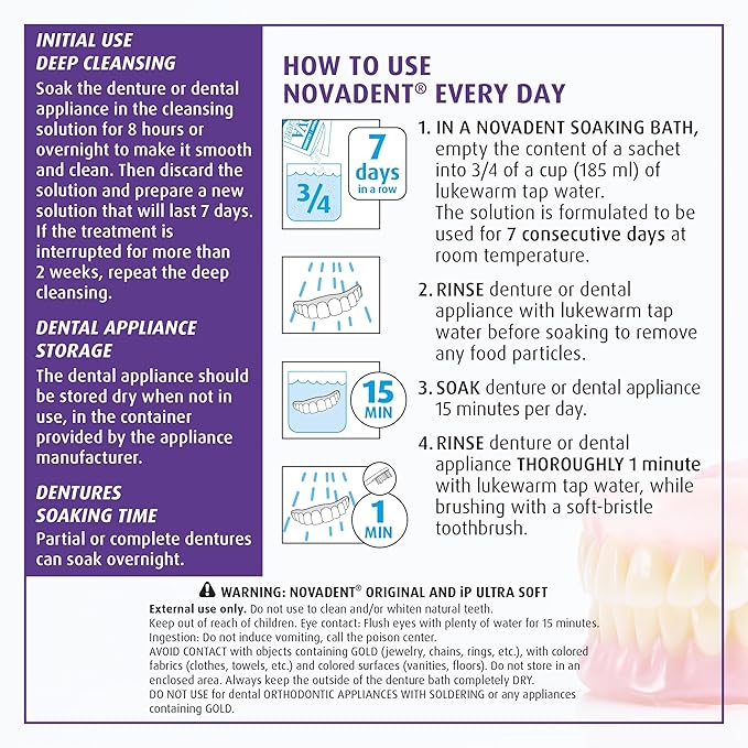 Novadent Dentures Cleaner – for Dental Appliances, Retainers, Trays, Mouth Guards, Teeth Aligners - 6 Months (26 sachets)