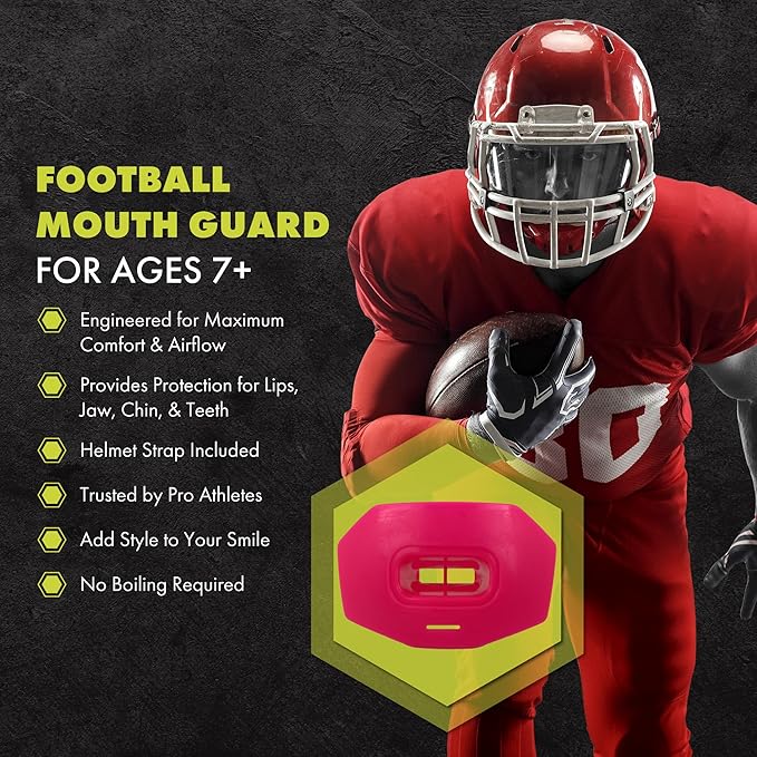 DAMAGE CONTROL Youth Football Mouth Guard – Breathable No Boil Mouthpiece, Protects Lips & Teeth, Works with Braces, Includes Helmet Strap – Sports Gear & Accessories (Hot Pink)