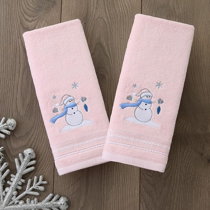 SKL Home Christmas/Winter Glam Snowman 100% Cotton Embroidered 2pc Hand Towel Set, Decorative for Bath/Kitchen/Bar, Pink