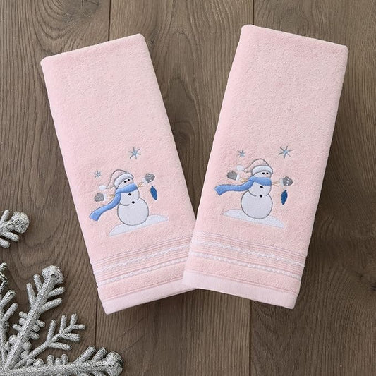 SKL Home Christmas/Winter Glam Snowman 100% Cotton Embroidered 2pc Hand Towel Set, Decorative for Bath/Kitchen/Bar, Pink