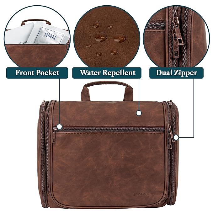 PAVILIA Large Hanging Toiletry Bag Travel Bag Women Men, PU Leather Cosmetic Organizer, Water Resistant Makeup Bag Accessories Toiletries, Travel Essentials Kit, Brown