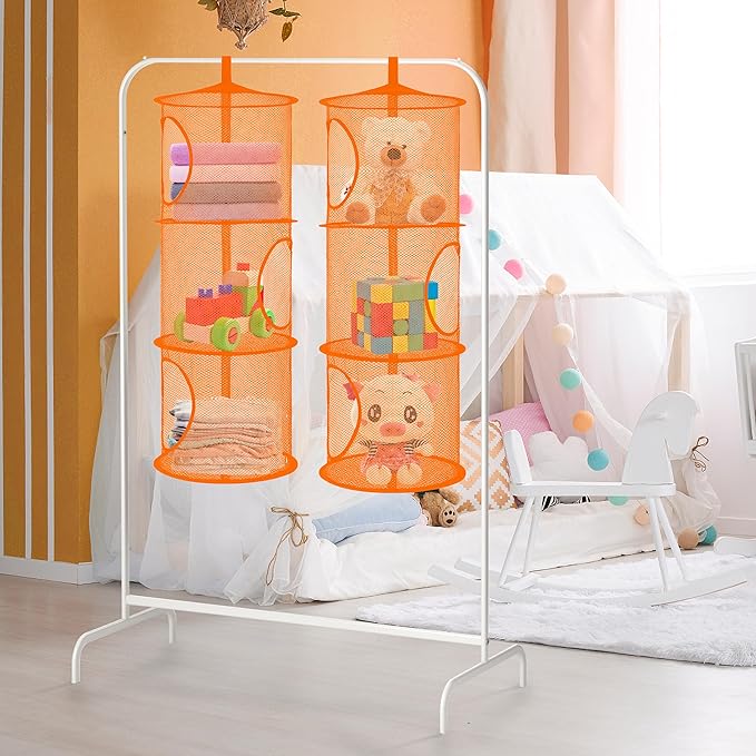 Libeder Mesh Hanging Storage Space Saver Bags Organizer,Foldable Storage Organizer 3 Compartments Toy Storage Basket for Kids Room Bathroom 2 Sets Orange