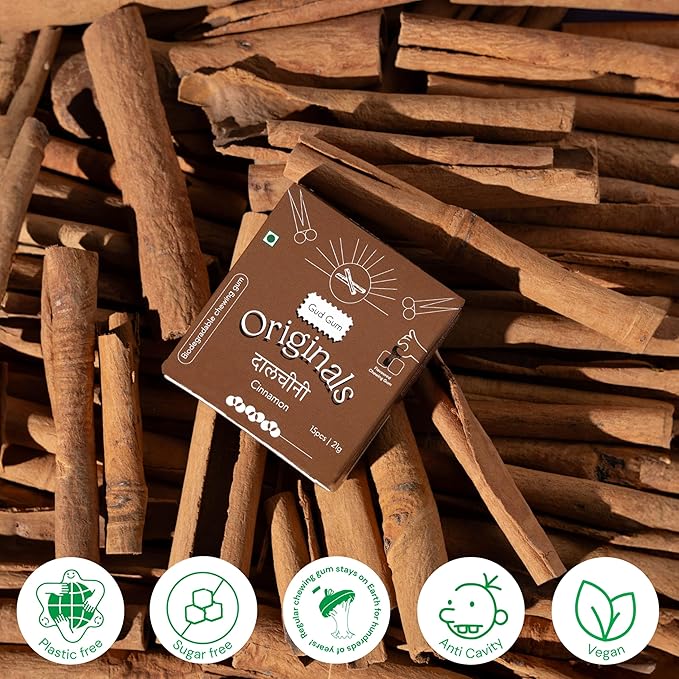 Gud Gum- Natural, Plastic Free Chewing Gum- Clove, Cardamom, Fennel, Cinnamon- 21g x 4 - Mini Pack of 4- No added artificial colours, flavours & sweeteners (Pack of 4, Cinnamon)