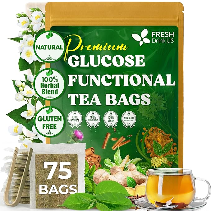 FreshDrinkUS, Premium 75 Tea Bags Glucose Functional Tea – Herbal Blend with Gymnema, Cinnamon, Bitter Melon, Tulsi & More –– Caffeine-Free. Sugar-Free. Gluten-Free. Vegan