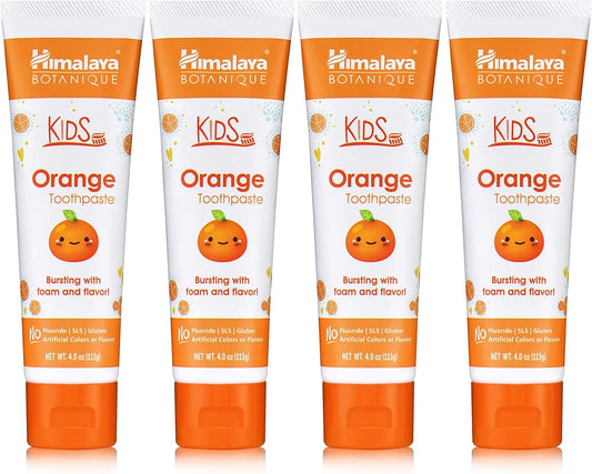 Himalaya Botanique Kids Toothpaste, Herbal, Orange Flavor, Fights Plaque, Fluoride Free, Gentle, No Artificial Flavors or Colors, SLS Free, Gluten Free, Cruelty Free, Vegan, Foaming, 4 Oz, 4 Pack…