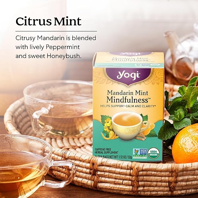 Yogi Tea Mandarin Mint Mindfulness - 16 Bags per Pack (4 Pack) - Organic Mandarin Mint Tea - Calming Herbal Tea - Includes Ashwagandha, Reishi Mushroom, Mandarin, Peppermint & More