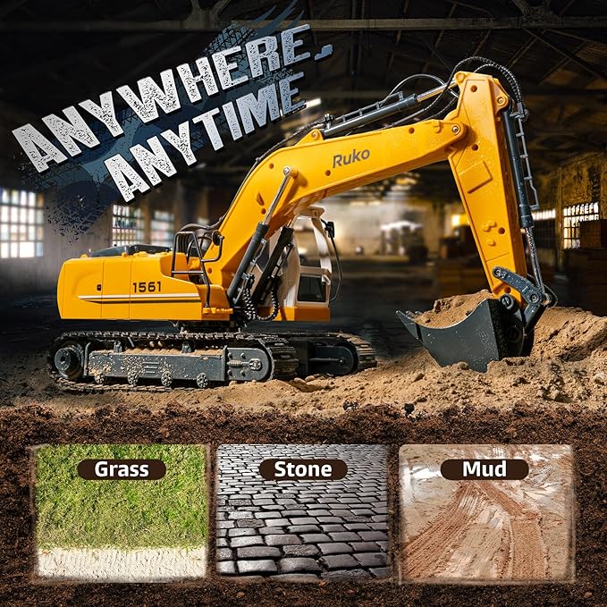 Ruko 1561 RC Excavator 3 in 1 Construction Toys for Boys, 17 Channel Remote Control Vehicles with Grab Alloy Shovel Drill, Realistic Lights & Sounds Digger Sandbox Gifts for 6-14 Years Kids Adults