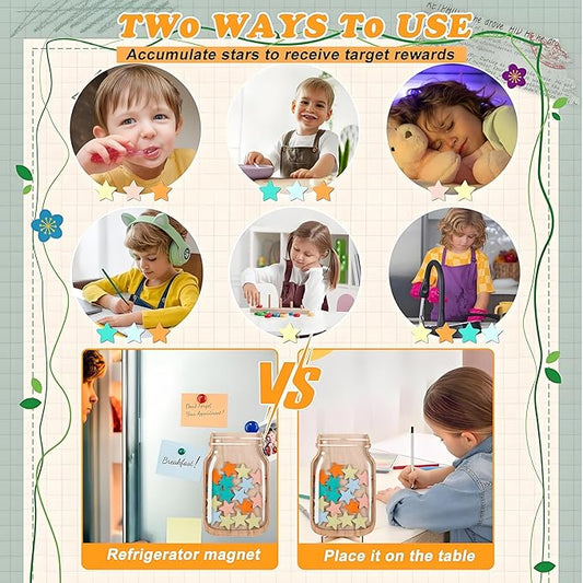 Magnetic Reward Jar, Star Reward Jar Set for Kids Potty Training Reward Jar System for Classroom, Magnetic Reward Jar for Classroom Board Behavior Management Home Reward Jar (Natural Wood)