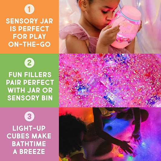 Glo Pals Play Pack Bundle with Sensory Play Jar, Water-Activated Light-Up Cubes, and Fun Fillers - Sensory Toys for Toddlers - Sensory Toy Kit with Light Up Cubes for Bathtub - Abby Cadabby