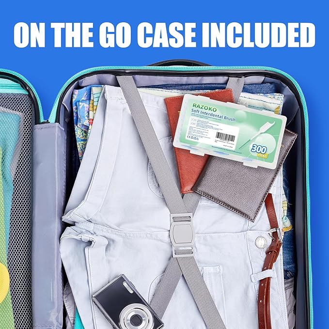 RAZOKO Soft Interdental Brushes Original, Dental Picks for Cleaning Teeth, Disposable Interdental Brushes, with Convenient Carry Case (Green, 300 Count)