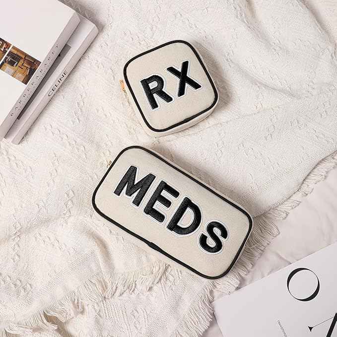 2Pcs Small Canvas Rx MEDS Medicine Packages, Cute Chenille Letter Patch Drug Makeup Bag with Metal Zipper, Mini Travel First Aid Purse Organizer Machine Washable (05RX and MEDS)