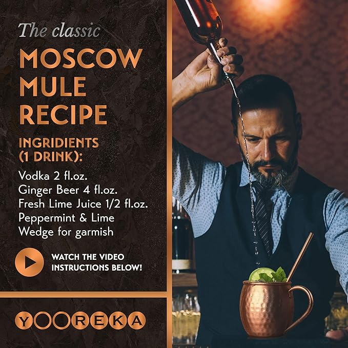 Gift Set Moscow Mule Mugs Set Of 4 16 oz Solid Cooper, 100% Pure Copper Cups HANDCRAFTED, BONUS 4 Straws, 4 Wood Coasters, Stirring Spoon, Shot Glass and Cleaning brush (Oval)