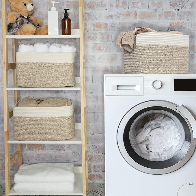 Cotton Rope storage Basket Bins Woven Basket for Organizing Shelves 14.5X9.5X9.3" Rectangle Decorative Baskets For storage Clothes Toys Books Towels Nursery basket organizer 3 pack white and brown