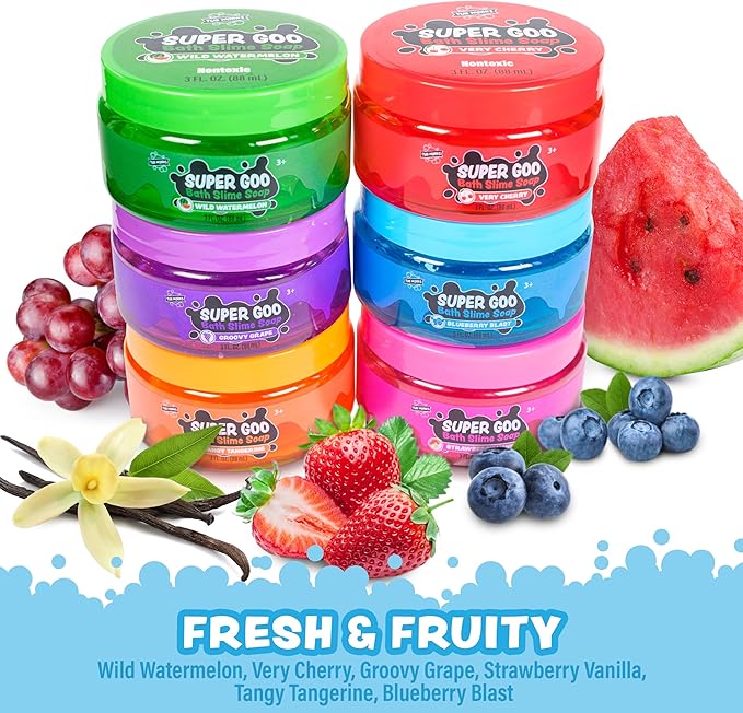 Tub Works® Super Goo Bath Slime™ Kids Soap Bath Toy, 6 Pack | Stretchy, Squishy Slime Soap for Toddler Bath | Fresh, Fruity Scents | Nontoxic | Sensory Fun Kids & Toddler Bath Toys