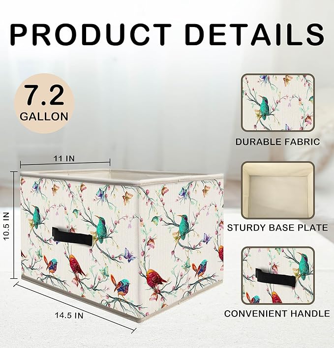 Nogrit Colorful Birds Storage Bins Box, Toybox for Girls, Floral Branches Butterfly Bird Foldable Baskets Organizer Container with Handles for Kids Girls Bedroom Bathroom Clothes Toys Books