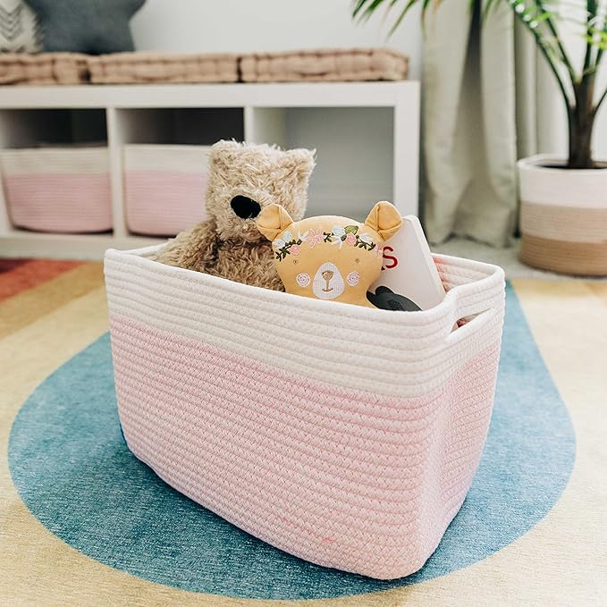 OrganiHaus Set of 3 Pink Woven Storage Baskets for Shelves, Decorative Organizer Bins for Closet & Bathroom, Multipurpose Home Organization Baskets, Toy Storage Basket - 15x9x10 inches