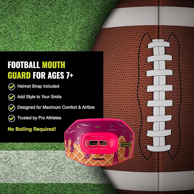 DAMAGE CONTROL Youth Football Mouth Guard – Breathable No Boil Mouthpiece, Protects Lips & Teeth, Works with Braces, Includes Helmet Strap – Sports Gear & Accessories (Brain Freeze)