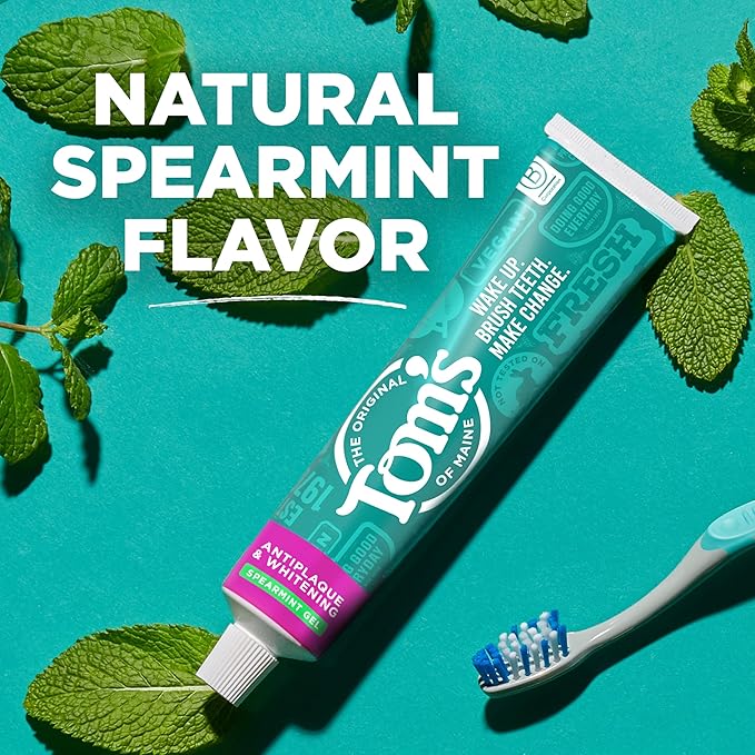 Tom's of Maine Antiplaque and Whitening Fluoride Free Natural Toothpaste Gel, Vegan, Spearmint, 4 Ounces (3 Pack)