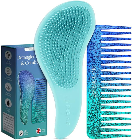 Detangler Brush & Wide Tooth Comb Hair Brush Gift Set - Ideal Gifts Under 10 Dollars for Womens Stocking Stuffers & Teenage Girls Gifts Ideas, Blue