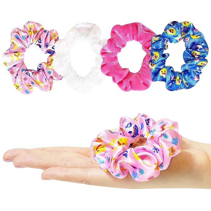 Baby Shark Hair Accessory Set: 9-inch Regular Detangling Brush, 4 Elastic Hair Ties & Scrunchies for Kids