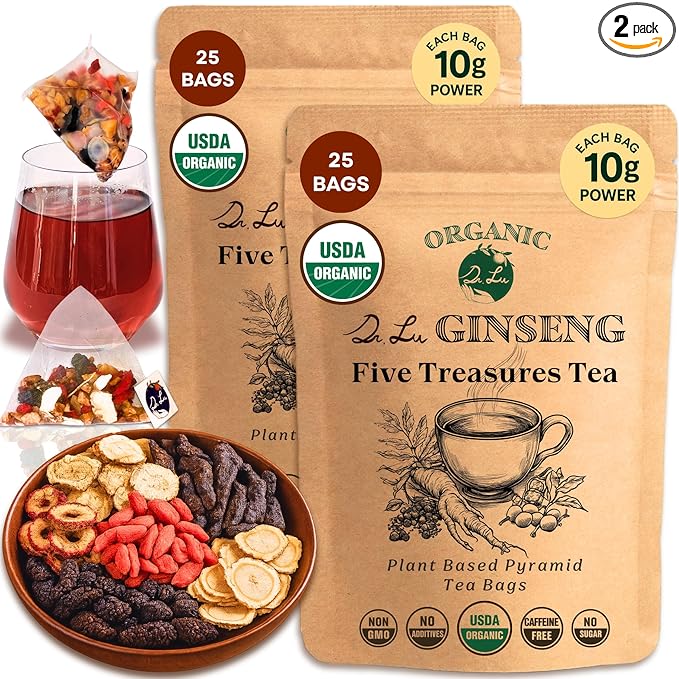 2 Pack of Dr. Lu’s Organic Ginseng Five Treasures Tea Kidney Tea | Ginseng Six Treasures tea for Kidney Cleanse Detox & Repair with Maca Root in Corn Fiber Pyramid Bags (No Plastic/Nylon) | Made in US