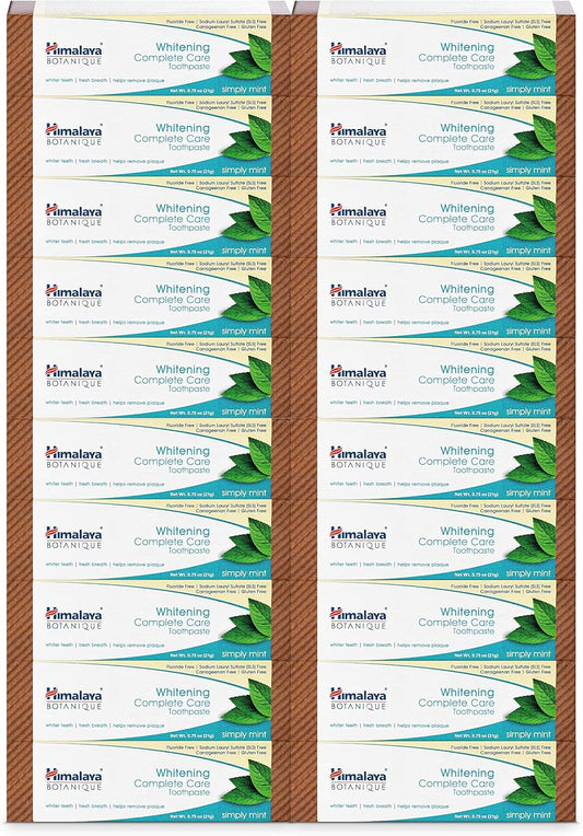 Himalaya Botanique Whitening Complete Care Toothpaste, 20 Pack Travel Size, Teeth Whitening, Fights Plaque, Fluoride Free, No Artificial Flavors, SLS Free, Simply Mint Flavor, TSA Approved, 0.74 Oz