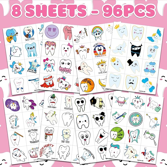 96 PCS Cute First Milk Tooth Dental Dentist Pre-Cut Temporary Tattoos for Kids Birthday Themed Party Supplies Decorations Favors Fairy Teeth Tattoo Stickers Gifts for Baby Girls Boys Rewards