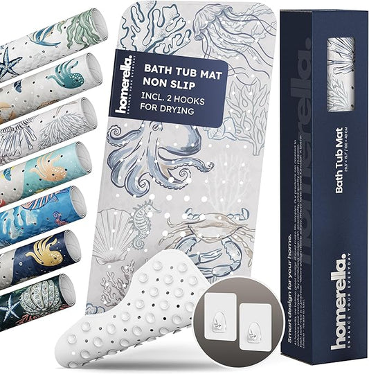 Homerella Baby Bath Tub Mat | Anti Mold Mildew Resistant Non Slip Kids and Adult Bath Tub Shower Mats | 40x16 inch Long with Suction Cups for Secure Grip Hooks for Storage & Drying | Machine Washable