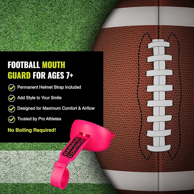 DAMAGE CONTROL Mouthguard with Permanent Helmet Strap, Youth Mouth Guard to Protect Lips & Teeth, No Boiling Pacifier, Breathable Binky Mouthpiece, Football Mouthpiece, Works with Braces (Hot Pink)