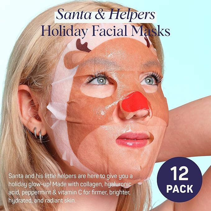 SpaLife Beauty Santa’s Workshop Christmas Face Mask Bundle | Korean Facial Masks | Hydrating, Soothing and Firming Sheet Mask Set | Christmas Face Masks for Women | Spa Party Favors | 12 Pack
