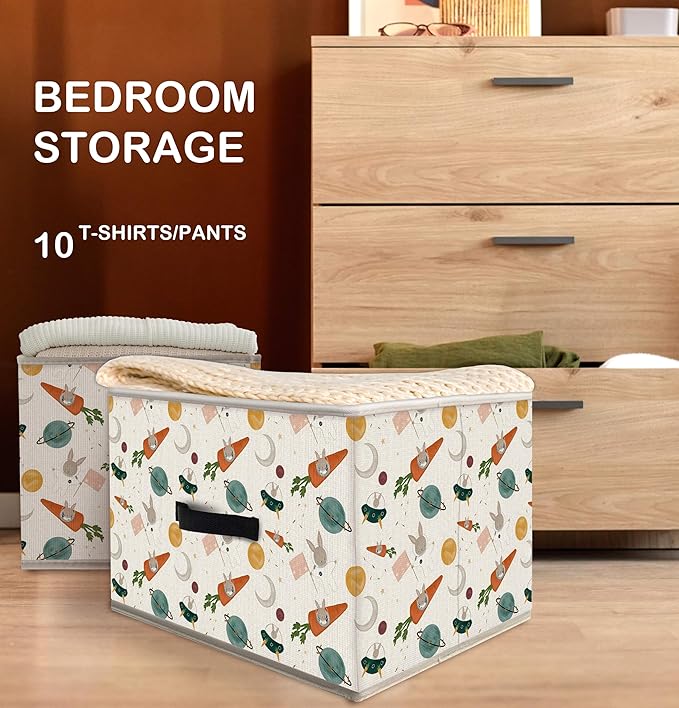 Nogrit Outer Space Carrot Rabbit Storage Bins Box, Toybox for Boys Girls, Cosmic Cute Bunny Foldable Baskets Organizer Container with Handles for Bedroom Bathroom Kids Nursery Clothes Toys Books