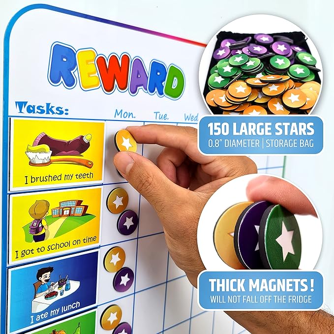 Large Magnetic Reward Chart for Multiple Kids (1-3 Kids) - 127 Pre-Written Stickers (Including Potty Training) + 30 Custom Chores - Behavior, Responsibility & Incentive Star Chart for Your Fridge
