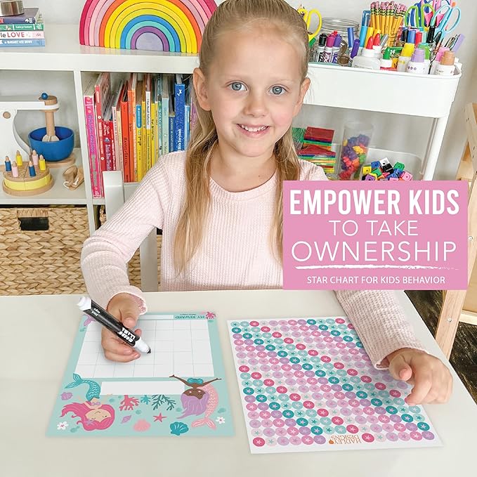 Sticker Chart for Kids Behavior at Home & Classroom - 25 Reward Chart for Kids Incentives, Gold Star Sticker Sheets, Mermaid Incentive Charts for Classroom Must Haves