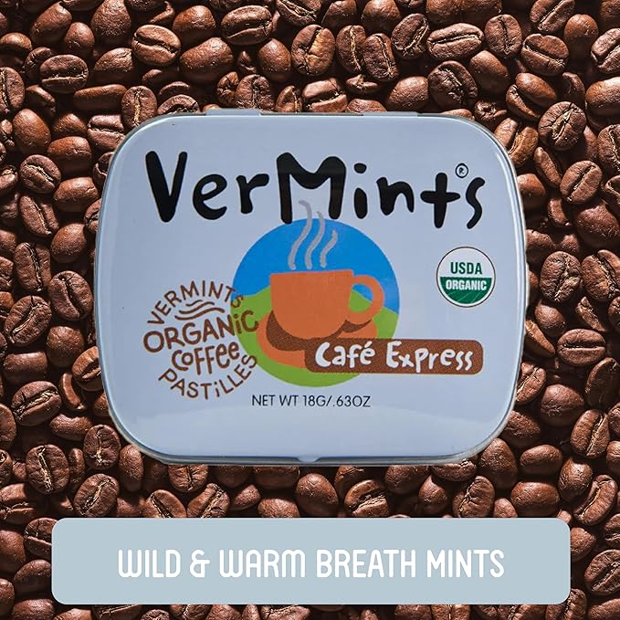 VerMints Organic Breath Mints Café Express - Real Ingredients, Lasting Coffee Flavor - Travel Size Tins - Non-GMO, Nut Free, Gluten Free, Vegan & Kosher Coffee Candy - .63oz/18g (Pack of 12)