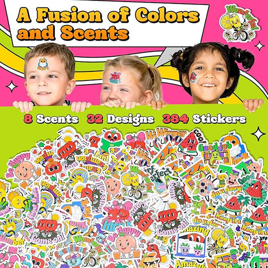 384PCS Scratch and Sniff Stickers for Kids, Large Scented Reward Smelly Fruits Stickers, Motivational Incentive Fun Sticker with Positive Words for Students School Teachers Must Haves, 32 Designs