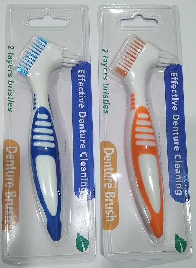 Gus Craft 2-Pack Denture Cleaning Brush Set- Premium Hygiene Denture Cleaner Set for Denture Care- Top Denture Cleanser Tool w/ Multi-Layered Bristles & Ergonomic Rubber Handle (Blue and Orange)