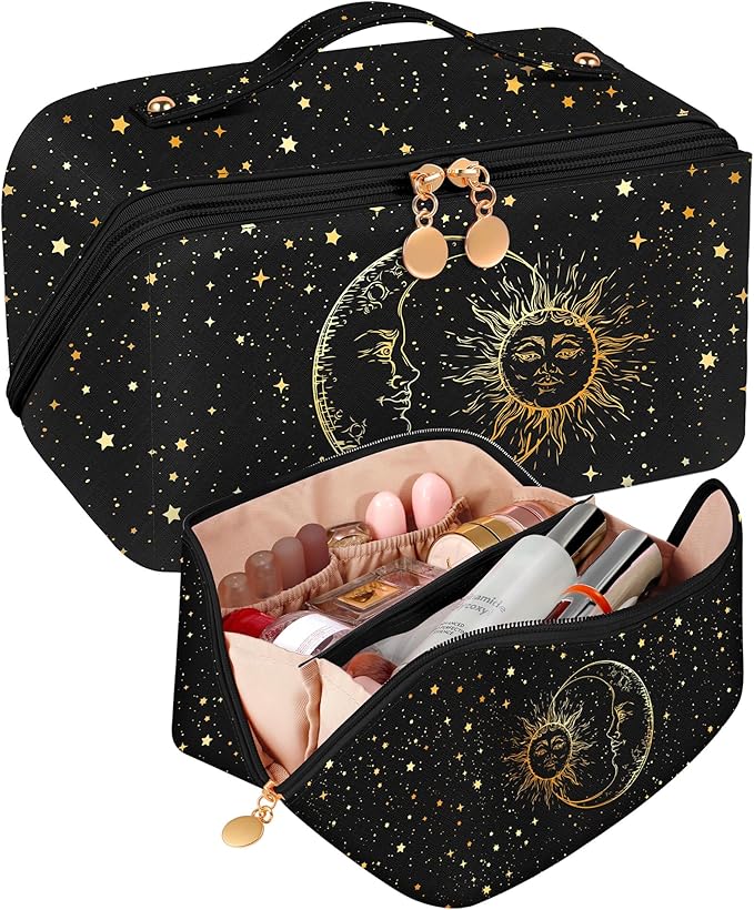 Bistup Makeup Bag Travel Cosmetic Bag Toiletry Make Up Bags Cute Women Large Capacity Big Medium Leather Sun Moon Aesthetic Portable Teen Girls Teenage Foldable Expandable Compact Open Flat Zip