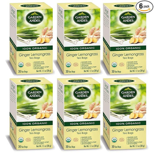 Garden of the Andes - Organic Ginger Lemongrass Tea - 20 Tea Bags/Box, Pack of 6 (120 ct.) - Caffeine-Free Herbal Infusion - Supports Digestive Wellness & Calming Comfort
