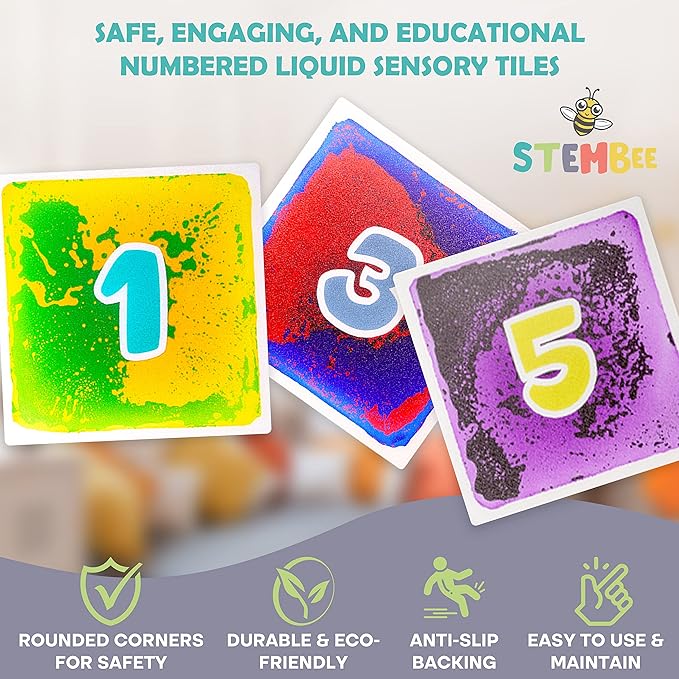 10-Pack Numbered Liquid Sensory Tiles, 12" x 12" Activity Play Mats for Toddlers Kids Boys Girls, Colorful Sensory Water Mat, Floor Activity Mat, Childhood Educational Toddler Learning Toys