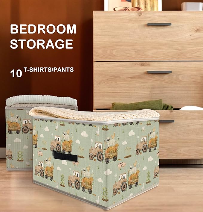 Nogrit Farm Animal Nursery Storage Bins Box, Toybox for Boys Girls, Light Green Rustic Farmhouse Foldable Baskets Organizer Container with Handles for Kids Bedroom Bathroom Clothes Toys Books
