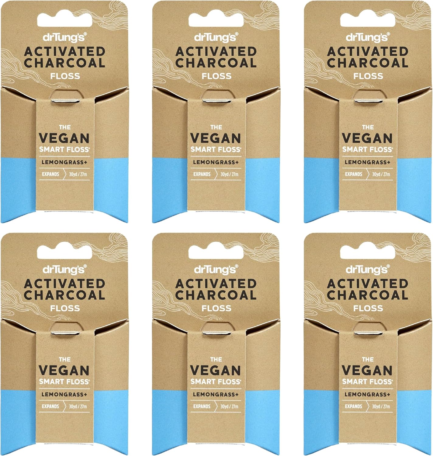 DrTung's Vegan Activated Charcoal Floss - Natural Floss, PTFE & PFAS Free, Gentle on Gums, Expands & Stretches, BPA Free- Natural Dental Floss Lemongrass Flavor (Pack of 6)