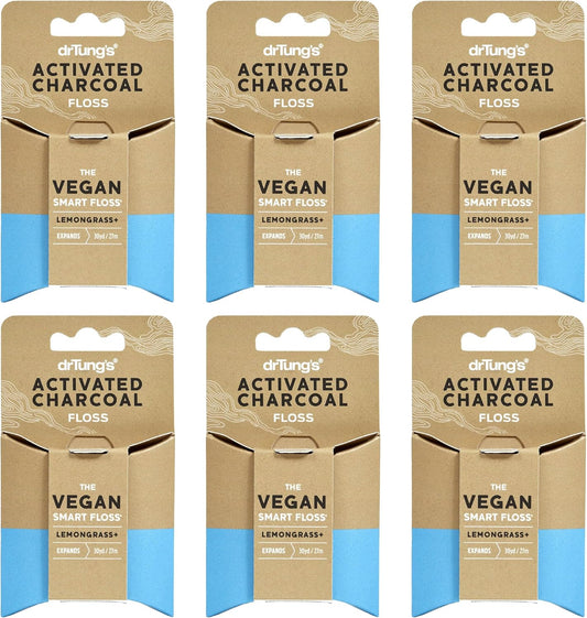 DrTung's Vegan Activated Charcoal Floss - Natural Floss, PTFE & PFAS Free, Gentle on Gums, Expands & Stretches, BPA Free- Natural Dental Floss Lemongrass Flavor (Pack of 6)