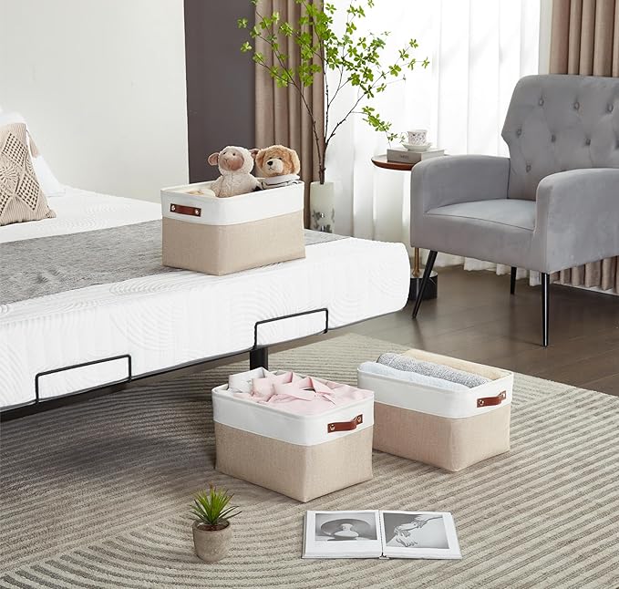 DECOMOMO Storage Baskets for Shelves - Fabric Storage Bins, Linen Closet Organizers and Storage (Beige & White, Large - 3 Pack)