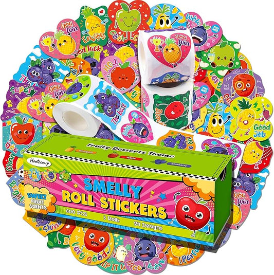 HORIECHALY 600 Pcs Scented Stickers for Kids, 3 Rolls Scratch and Sniff Smelly Motivational Reward Stickers, Classroom Encouragement School Smelly Sticker for Teachers, Students(1.57")