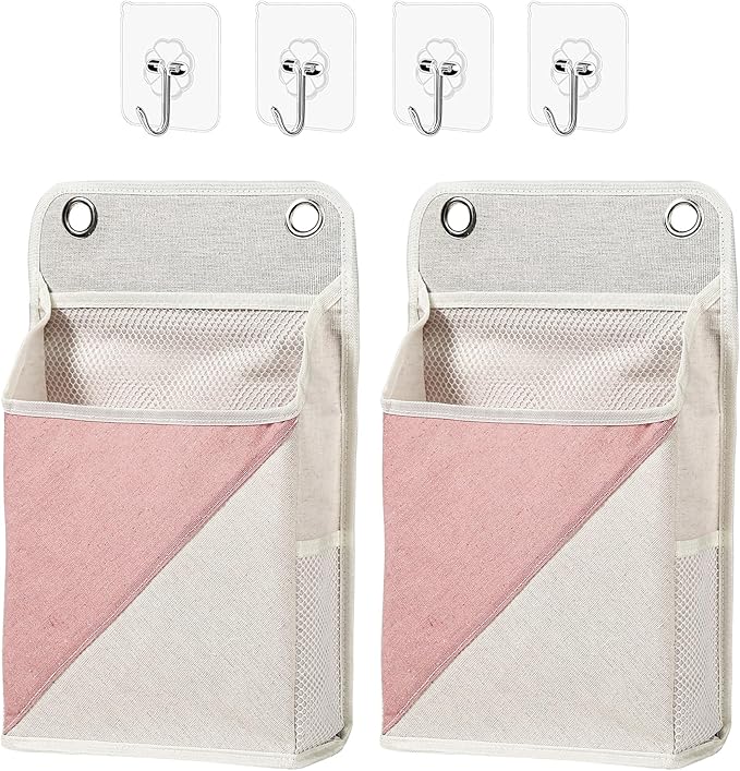 2pcs Wall Hanging Storage Organizer Bag, Hanging baskets with pockets for Wall organizing, Storage Hanging Bag for Bedroom, Dormitory, Study Room, Bathroom (Pink/white)