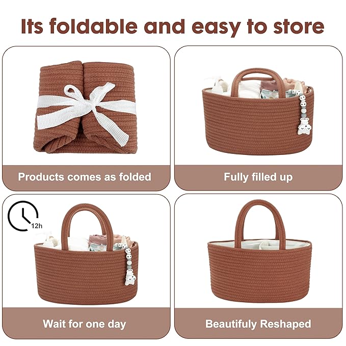 Baby Diaper Caddy Organizer for Girl Boy Cotton Rope Nursery Storage Bin Basket Portable Holder Tote Bag for Changing Table Car Travel Baby Shower Gifts Newborn Essentials Registry Must Have Rust