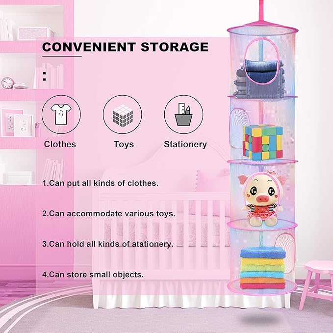 Libeder 2Pcs Mesh Hanging Storage Organizer, 4 Compartments, Foldable, Portable, Casual Style, Hanging Organizer for Kids Room, Pink (Rainbow Tie Dye)