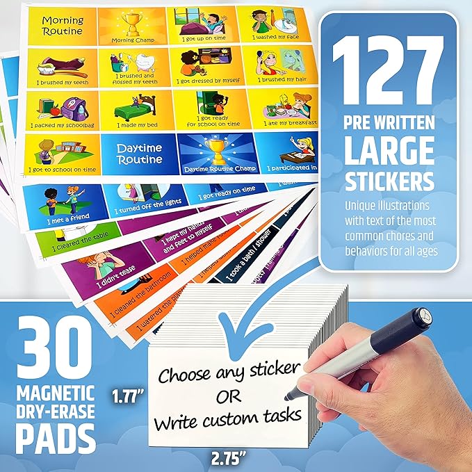 Large Magnetic Reward Chart for Kids - 127 Pre-Written Stickers (Including Potty Training) + 30 Customizable Chores - Behavior, Responsibility & Incentive Routine Star Chart for Fridge (1 Kid Version)