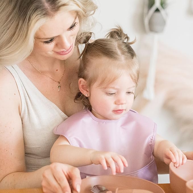 Tiny Twinkle Mess-Proof Baby Bibs for Eating | Waterproof, Wipeable Toddler Bibs with Catch-All Pocket | Feeding Bibs for Girls & Boys(5 Pack, Girl Spring)