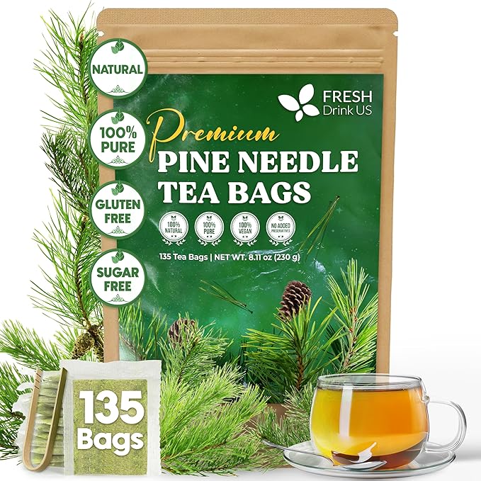FreshDrinkUS, Pine Needle Tea Bags – 135 Tea Bags, Naturally Caffeine-Free, Refreshing Herbal Tea, Wild-Harvested Pine Leaves, Aromatic and Soothing – Non-GMO & Eco-Friendly Packaging
